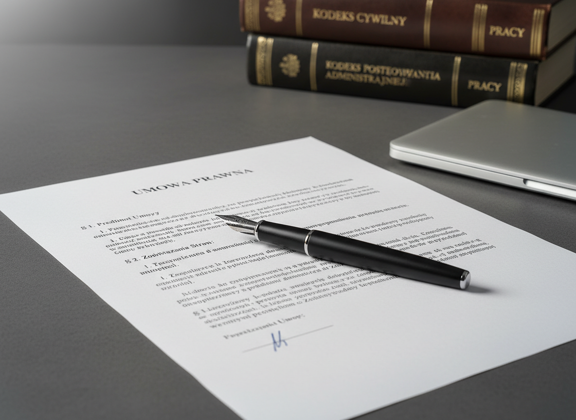 A close-up, photographic view of an elegant, matte-black fountain pen with a silver nib resting diagonally across a neatly printed legal contract in Polish, each paragraph carefully aligned on crisp white paper. The documents lie on a smooth, graphite-gray desk, with a closed laptop and a stack of well-worn legal codes softly blurred in the background. Soft, cool studio lighting from the upper left highlights the pen’s metallic details and the subtle texture of the paper, casting delicate shadows along the printed lines. Shot from a slightly elevated angle, the composition follows the rule of thirds, creating a calm, ordered, and highly professional atmosphere that reflects meticulous legal work and attention to detail.