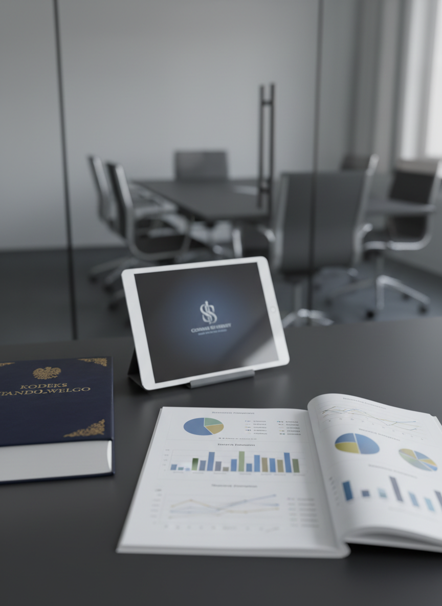 A carefully arranged desktop dedicated to business clients: an open financial report with colorful but restrained graphs, a thick commercial law code in Polish with a dark navy cover, and a slim, silver-framed tablet displaying a blurred company logo. All rest on a matte, charcoal desk surface, with a glass-walled meeting room and hints of modern office furniture receding into a soft blur behind. Cool, overcast daylight filters in from the right, providing even, neutral lighting that avoids harsh contrasts. Shot from a slightly elevated, three-quarter angle with a moderate depth of field, the focus stays on the legal and business documents. The mood is analytical, precise, and pragmatic, representing a law firm that offers strategic, business-focused legal support.