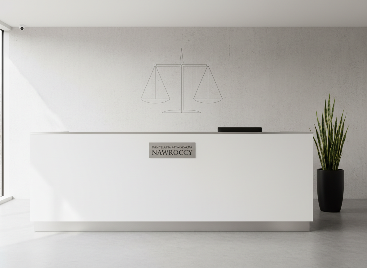 A minimalist, contemporary law office reception scene without any human presence: a sleek, white reception counter with a brushed aluminum edge and a discreet plaque reading “Kancelaria Adwokacka Nawroccy” in dark gray letters. Behind the counter, a textured light concrete wall is accented by a subtle, abstract line-art graphic of balanced scales. Natural daylight from a large unseen window to the left bathes the area in soft, even illumination, creating faint, clean shadows along edges. A single dark green plant in a cylindrical black pot adds a touch of color on the side. Captured in photographic realism with a wide-angle lens and sharp focus throughout, the mood is calm, orderly, and distinctly professional, conveying clarity and confidence to prospective clients.